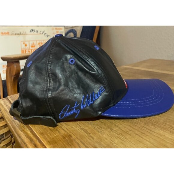 Rusty Wallace 2  Miller Lite Racing Leather Hat Adjustable Mens Cap Black Blue - Picture 2 of 6